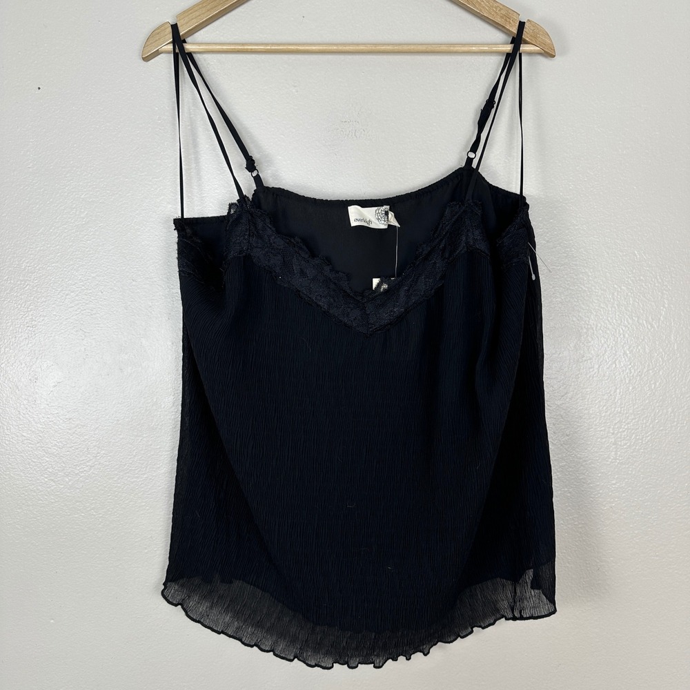 Everleigh Women's‎ Large Cami Tank Top Black Lace Trim Pleated Chiffon BE20098
